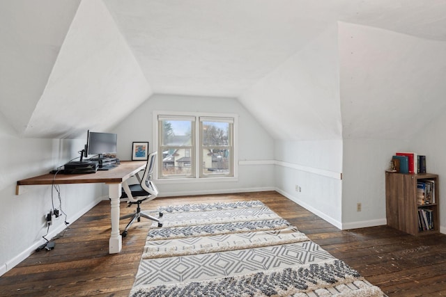 office area featuring lofted ceiling and dark hardwood / wood-style flooring