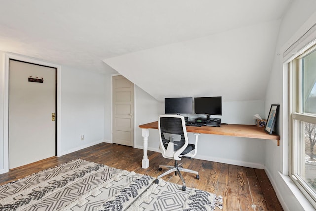 office space with lofted ceiling and dark hardwood / wood-style floors