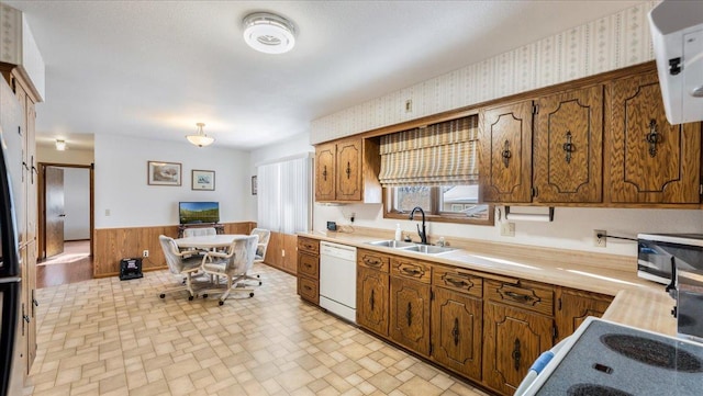 kitchen with dishwasher, wooden walls, water heater, stove, and sink