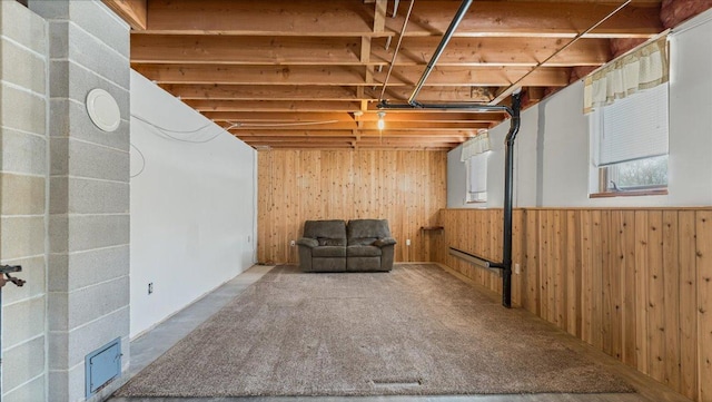 basement featuring wooden walls