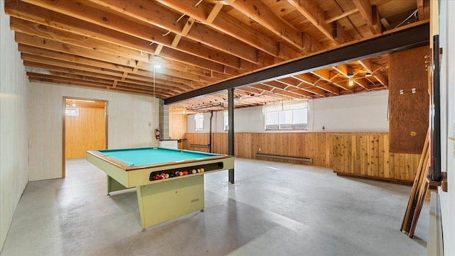 205 Ash St N, Sauk Centre, MN 56378 - game room featuring a baseboard heating unit, finished concrete flooring, billiards, wooden walls, and a wainscoted wall