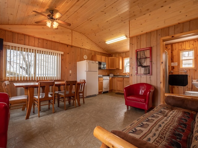 living room featuring a healthy amount of sunlight, wood ceiling, and lofted ceiling