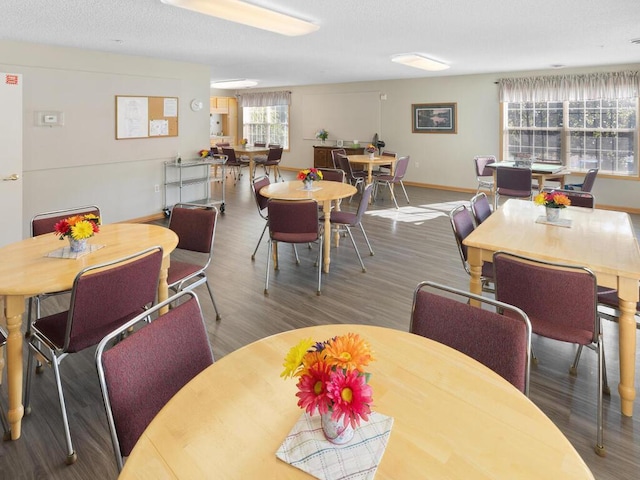 dining space with wood-type flooring