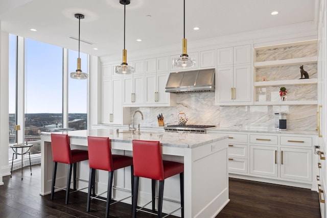 kitchen with white cabinetry, hanging light fixtures, ventilation hood, and an island with sink