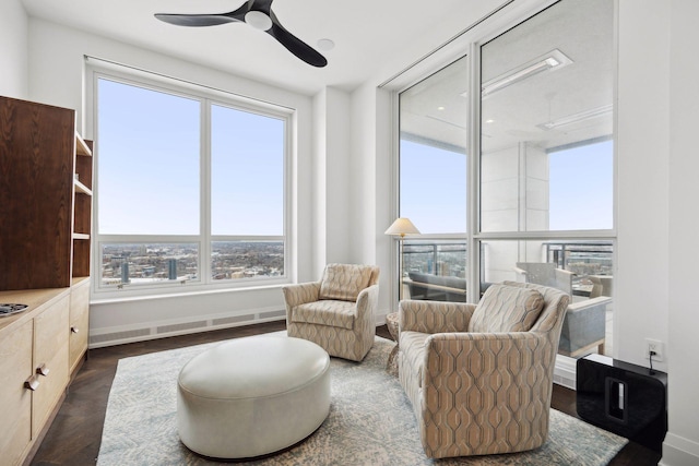 living area featuring ceiling fan