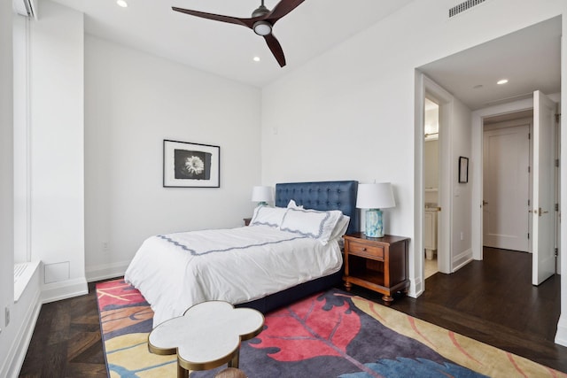 bedroom with dark wood-type flooring and ceiling fan