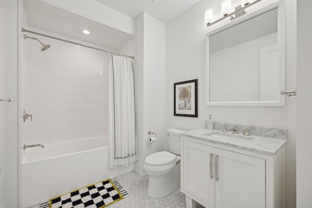 full bathroom featuring tile patterned flooring, vanity, shower / bath combination with curtain, and toilet