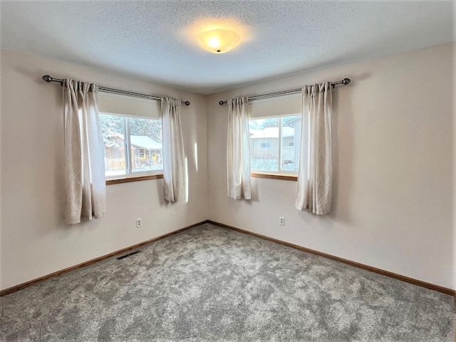 unfurnished room with a textured ceiling and carpet floors