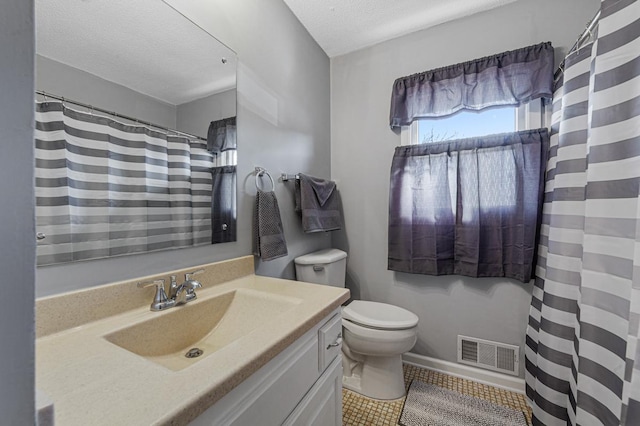 bathroom with visible vents, toilet, a shower with curtain, a textured ceiling, and vanity