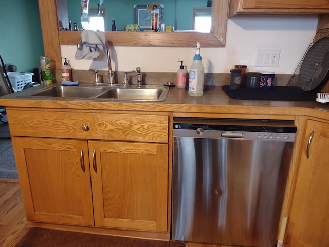 kitchen with a sink, brown cabinetry, and stainless steel dishwasher