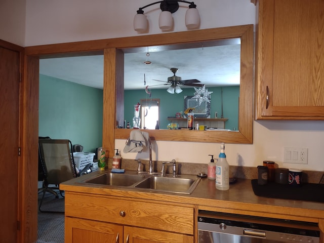 kitchen with a sink, dishwasher, and a ceiling fan