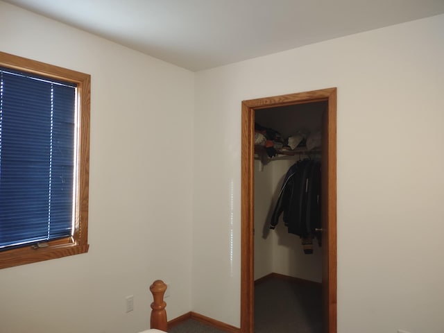 bedroom with a closet, baseboards, and a spacious closet