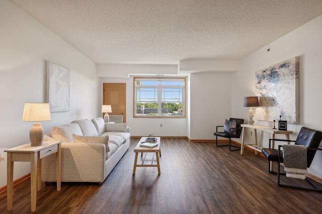 living room featuring a textured ceiling and dark wood-type flooring