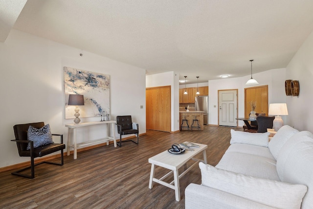 living room with a textured ceiling and dark hardwood / wood-style floors