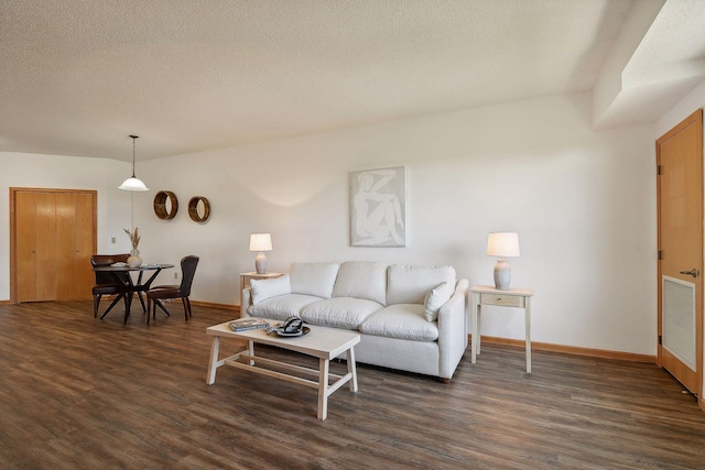 living room featuring a textured ceiling and dark hardwood / wood-style flooring