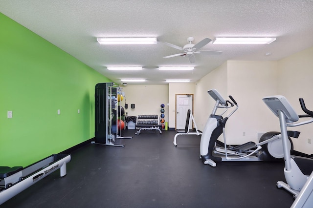 exercise room with ceiling fan and a textured ceiling