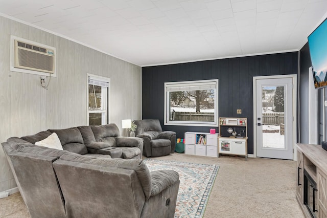 living room featuring light carpet, wooden walls, and a wall mounted air conditioner