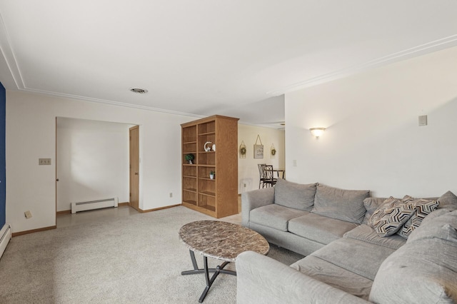 living room with crown molding and baseboard heating