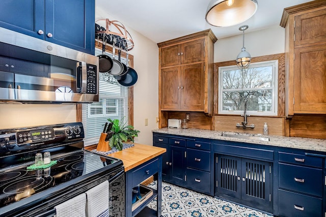 kitchen with tasteful backsplash, blue cabinets, black / electric stove, light stone counters, and sink