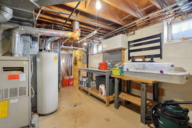 basement featuring heating unit and water heater