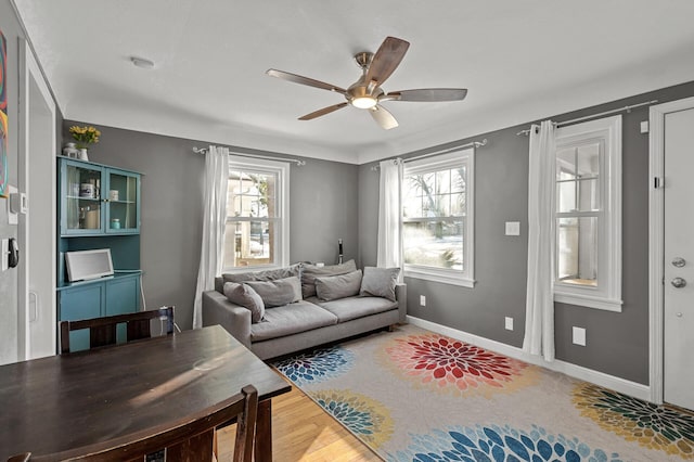 living room featuring ceiling fan and wood-type flooring