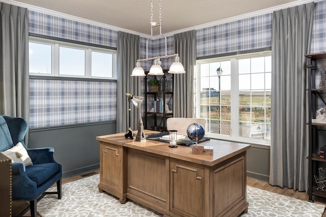 office space with a healthy amount of sunlight, light wood-type flooring, crown molding, and a textured ceiling