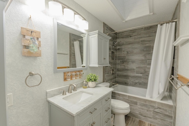 full bathroom with shower / tub combo with curtain, vanity, toilet, and wood-type flooring