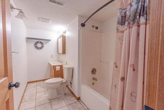 full bathroom with tile patterned floors, toilet, a textured ceiling, vanity, and shower / bathtub combination with curtain