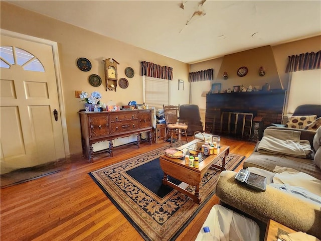 living room with a fireplace and wood-type flooring