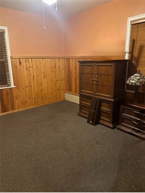 interior space with baseboard heating, wainscoting, and wooden walls