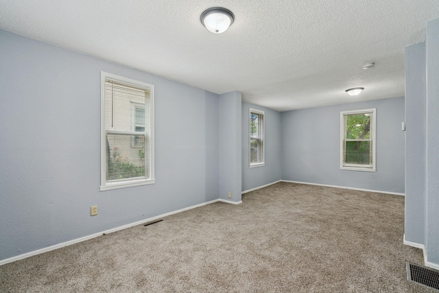 spare room featuring light colored carpet and a textured ceiling