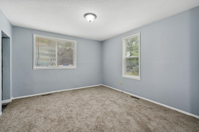 unfurnished room with a textured ceiling and carpet floors