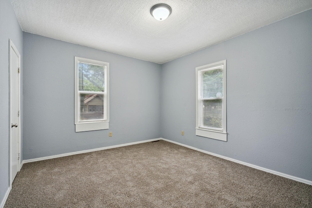 unfurnished room with a textured ceiling and carpet floors