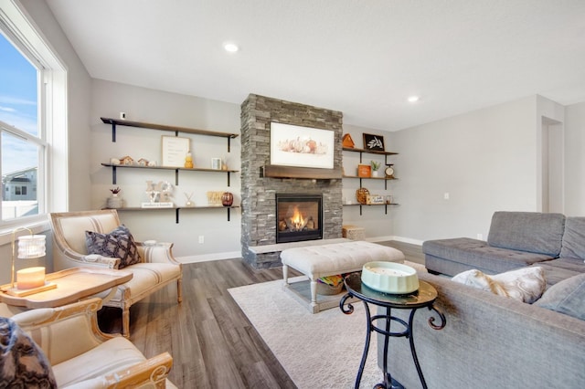 living room featuring dark wood-type flooring and a stone fireplace