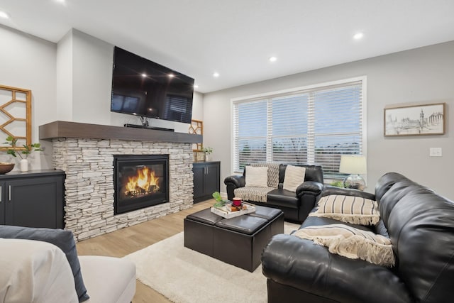 living room featuring a fireplace and light hardwood / wood-style flooring