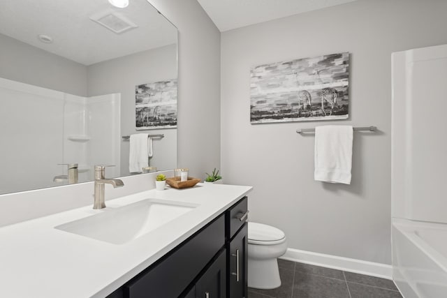 full bathroom with toilet, tile patterned floors, vanity, and  shower combination