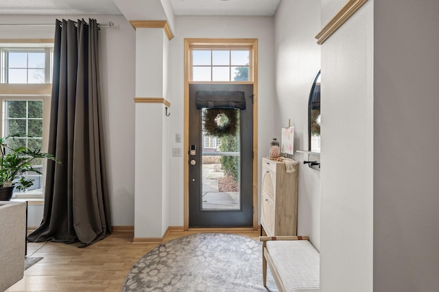 entryway with plenty of natural light and light hardwood / wood-style flooring