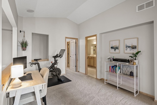 exercise room featuring lofted ceiling and carpet flooring