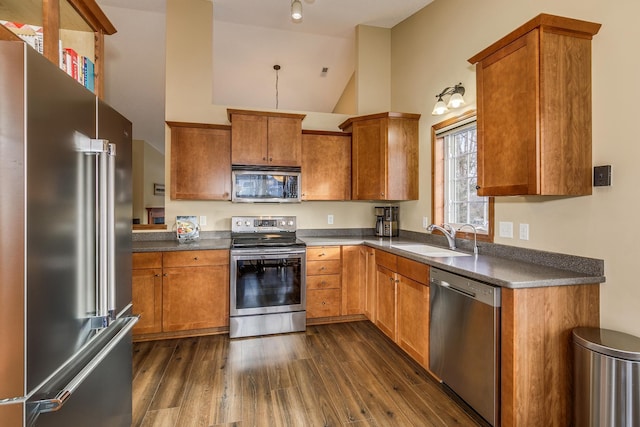 kitchen featuring sink, stainless steel appliances, vaulted ceiling, and dark hardwood / wood-style flooring