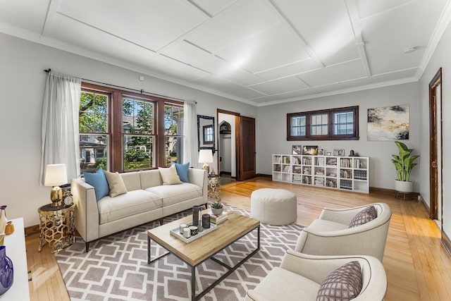 living room featuring crown molding and hardwood / wood-style floors