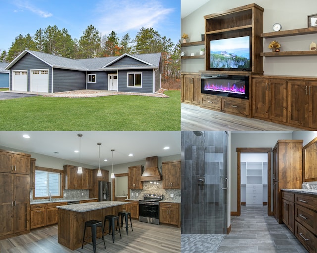 kitchen with custom range hood, a breakfast bar, stainless steel electric range oven, a kitchen island, and black refrigerator with ice dispenser