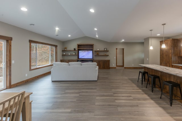 living room featuring vaulted ceiling and light hardwood / wood-style flooring