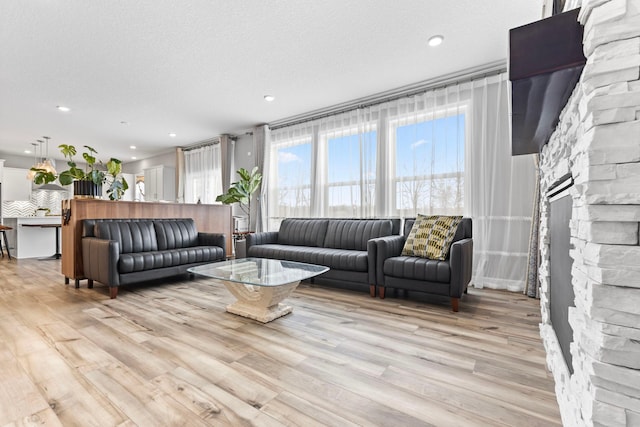 living room featuring a textured ceiling and light hardwood / wood-style flooring