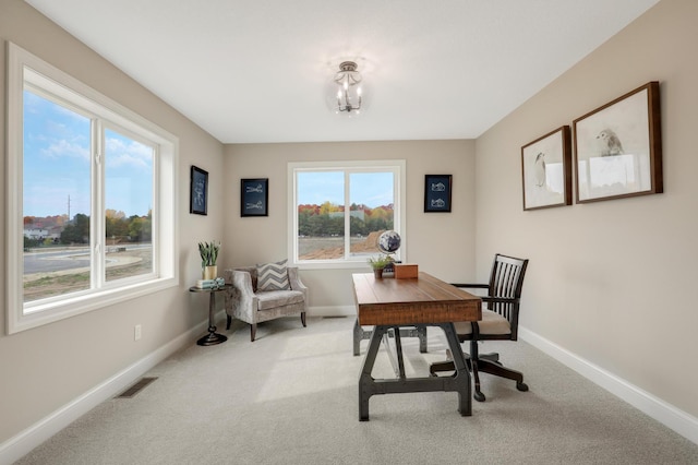 home office featuring carpet flooring and a healthy amount of sunlight