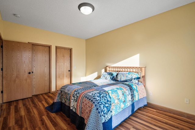 bedroom featuring multiple closets and dark wood-type flooring