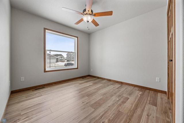 empty room featuring ceiling fan and light hardwood / wood-style floors