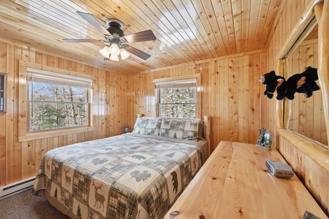 bedroom with baseboard heating, wooden ceiling, dark colored carpet, ceiling fan, and wooden walls