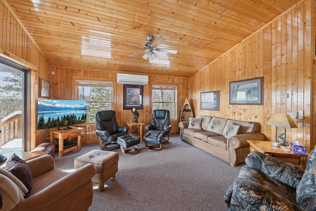 28255 Friendly Valley Rd, Washburn, WI 54891 - living room featuring lofted ceiling, wooden ceiling, plenty of natural light, an AC wall unit, and wood walls