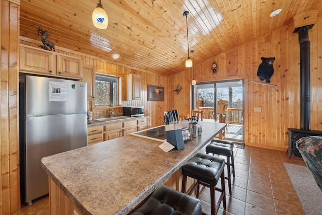 28255 Friendly Valley Rd, Washburn, WI 54891 - kitchen featuring appliances with stainless steel finishes, a wood stove, a sink, lofted ceiling, and wood walls