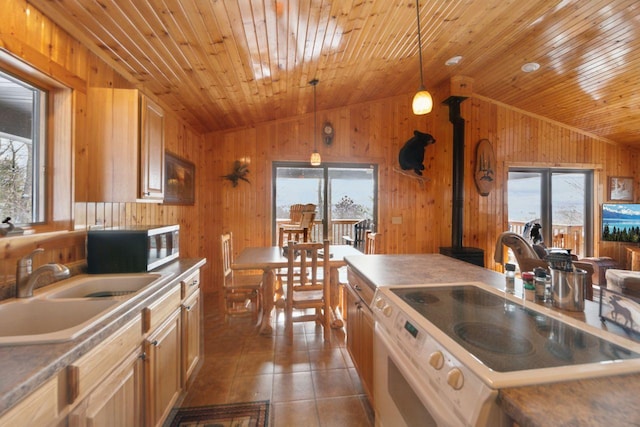 28255 Friendly Valley Rd, Washburn, WI 54891 - kitchen featuring a wood stove, lofted ceiling, wooden walls, white range with electric stovetop, and tile patterned flooring